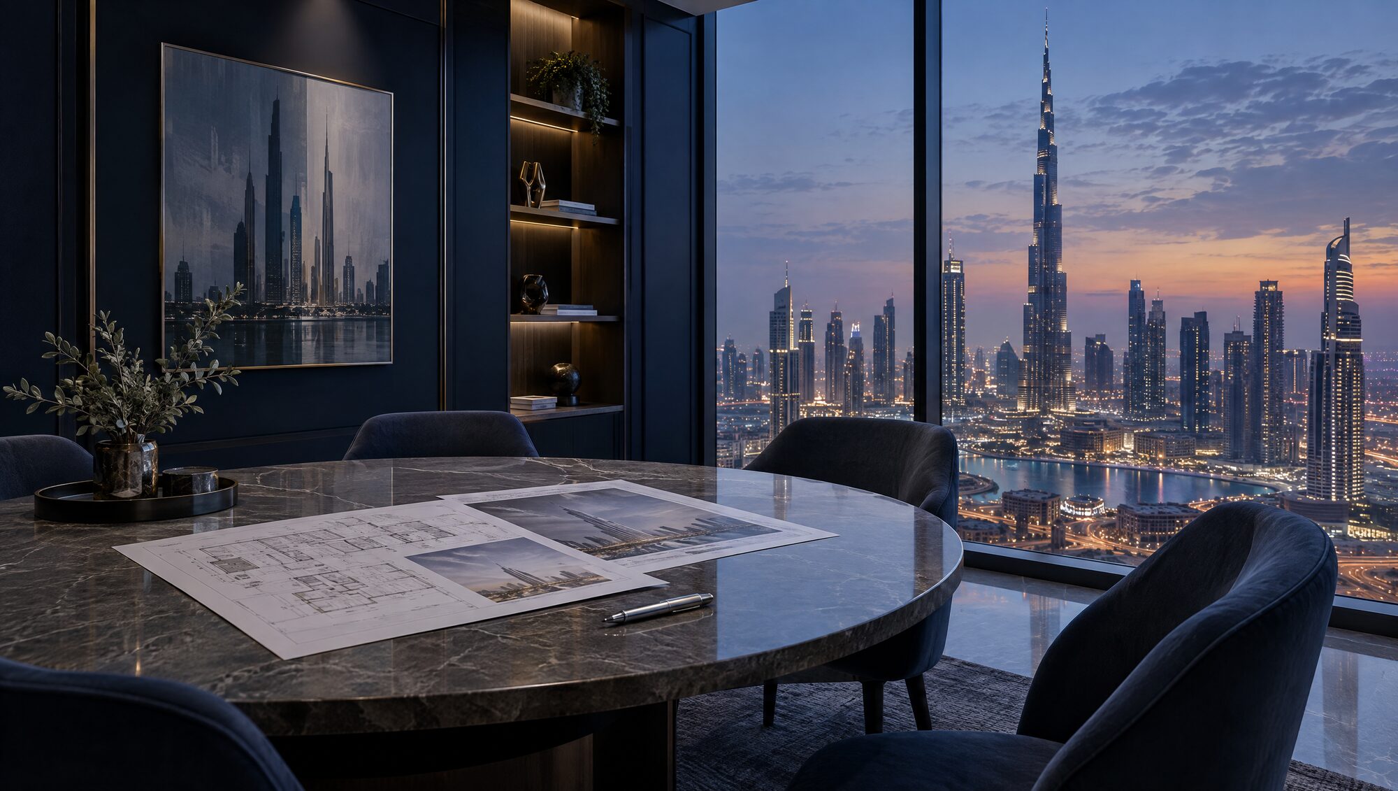 A quiet meeting room overlooking the Dubai skyline